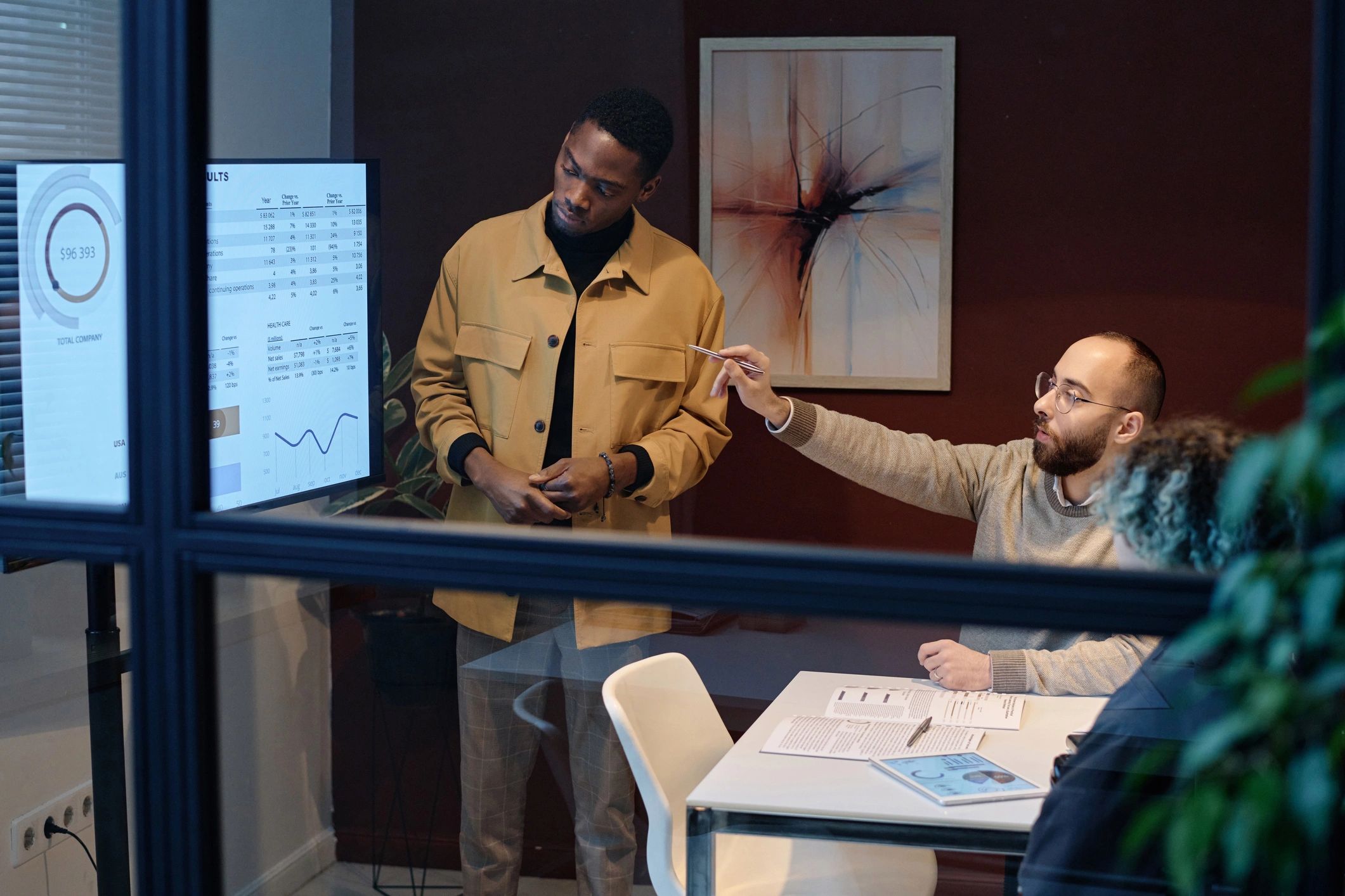 Team collaborating around business data and automation dashboards