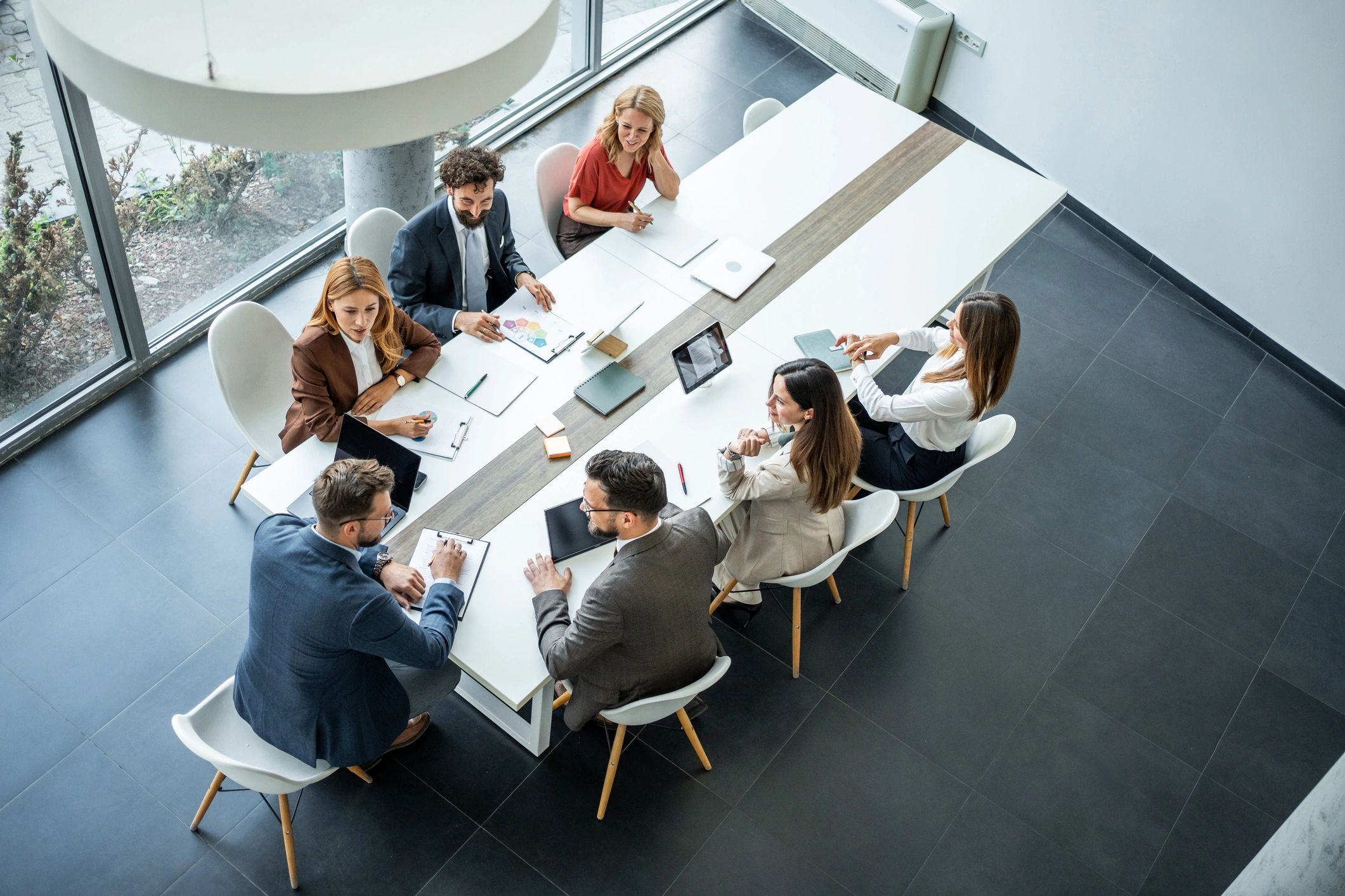 Corporate strategy meeting in a modern conference room