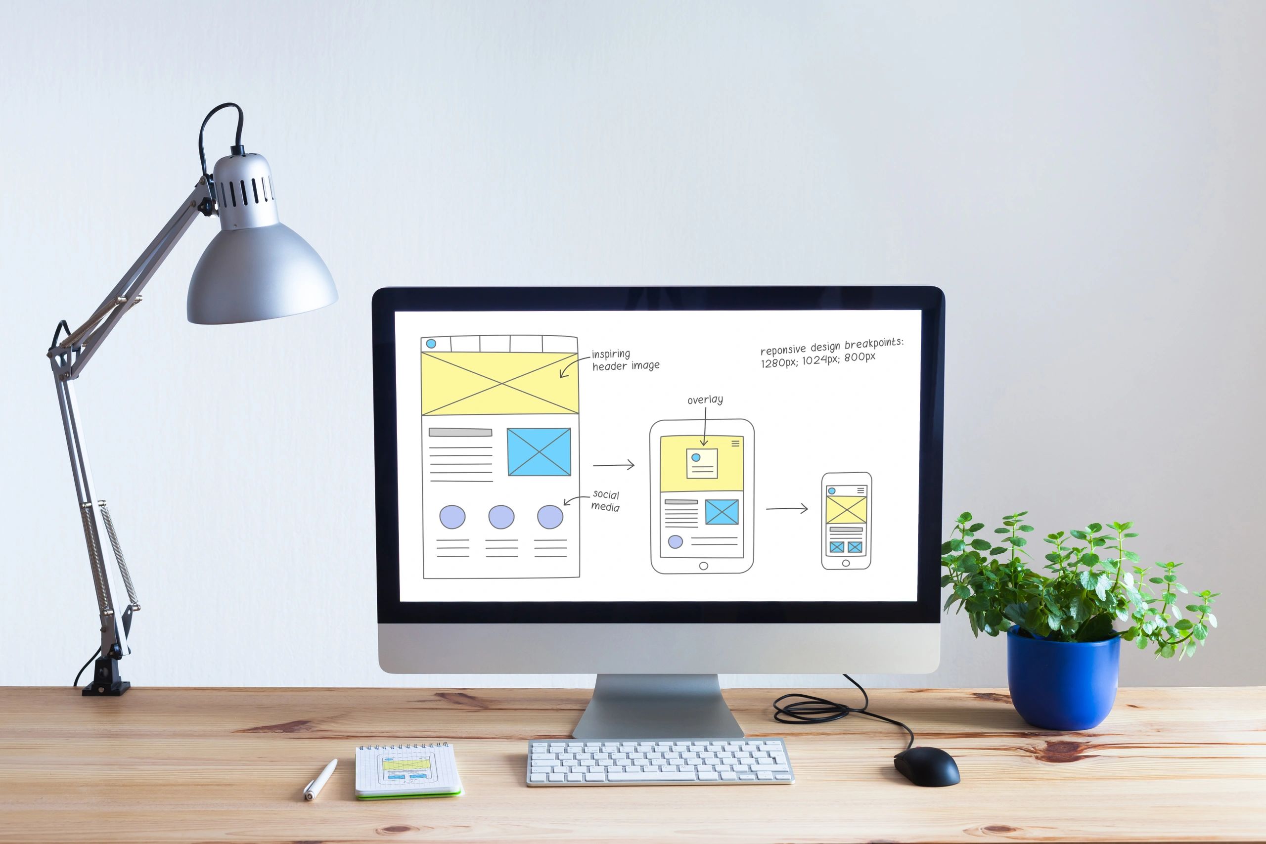 Website design workspace with wireframe on computer screen