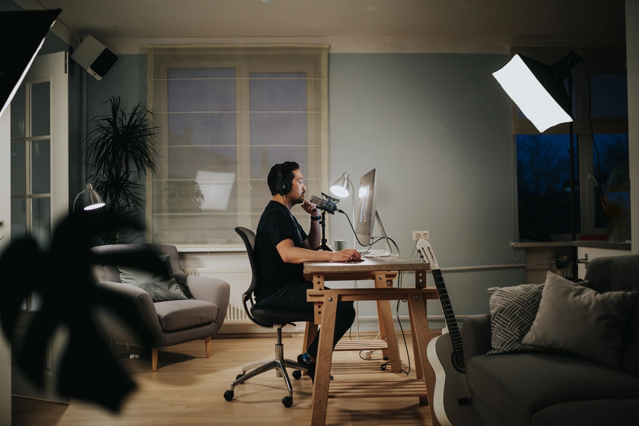 Professional creator recording video content in a studio